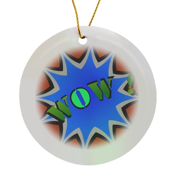 3drose, the Word Wow in Greens and Blue, Circle Porcelain Ornament