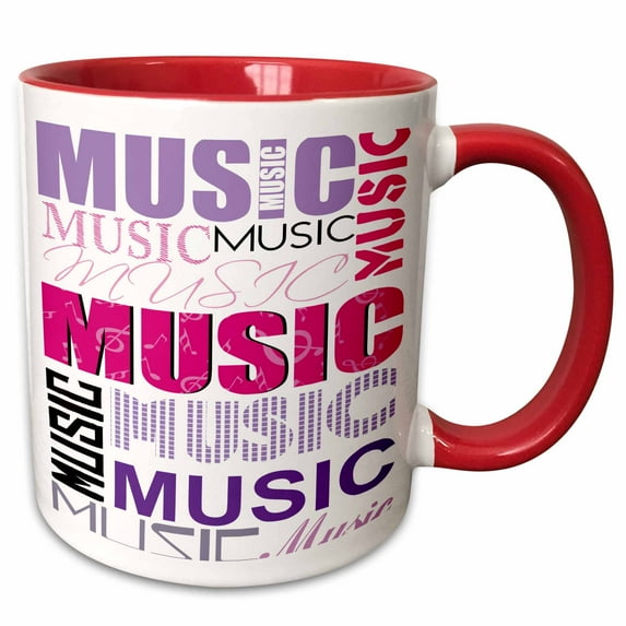 3drose, the Words Music in Different Sizes in Purple, Pink, and Black, 15oz Two-tone Red Mug
