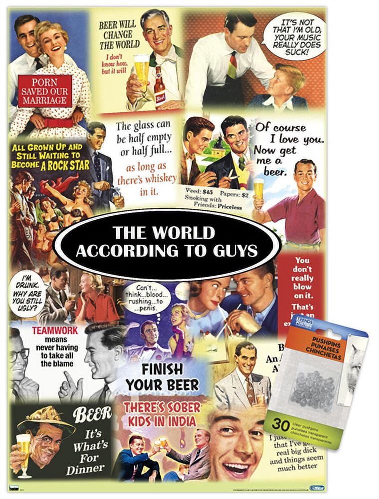 The World According to Guys Wall Poster with Push Pins, 14.725" x 22.375"