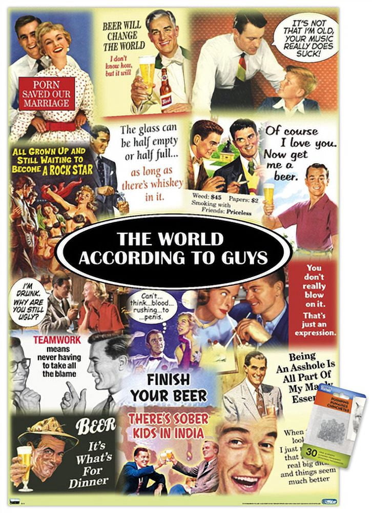The World According to Guys Wall Poster with Push Pins, 22.375" x 34"