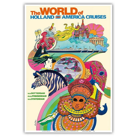 The World of Holland America Cruises - S.S. Rotterdam Prinsendam - Vintage Ocean Liner Travel Poster by David Klein c.1974 - Master Art Print (Unframed) 13in x 19in