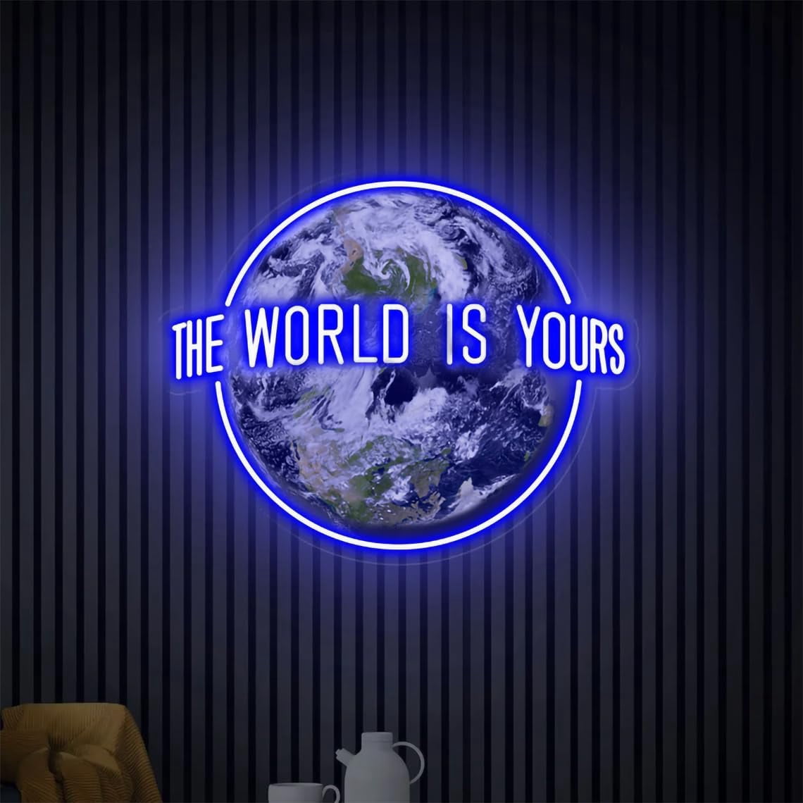 The World Is Yours Neon Sign, World UV Printed Sign, World Wall Decor, Personalized Gift, Globe Wall Decor(Blue)