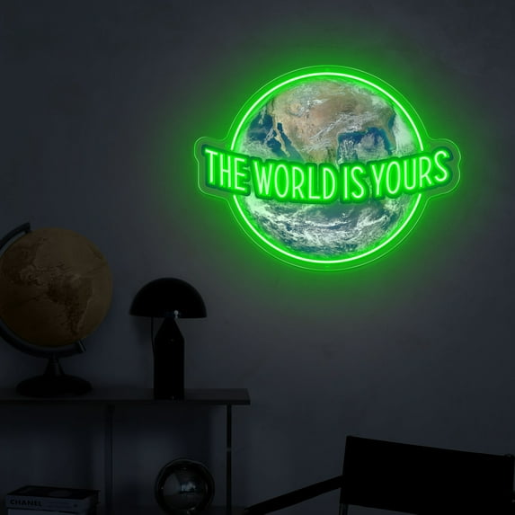 The World Is Yours Neon Sign, World UV Printed Sign, World Wall Decor, Personalized Gift, Globe Wall Decor(Green)