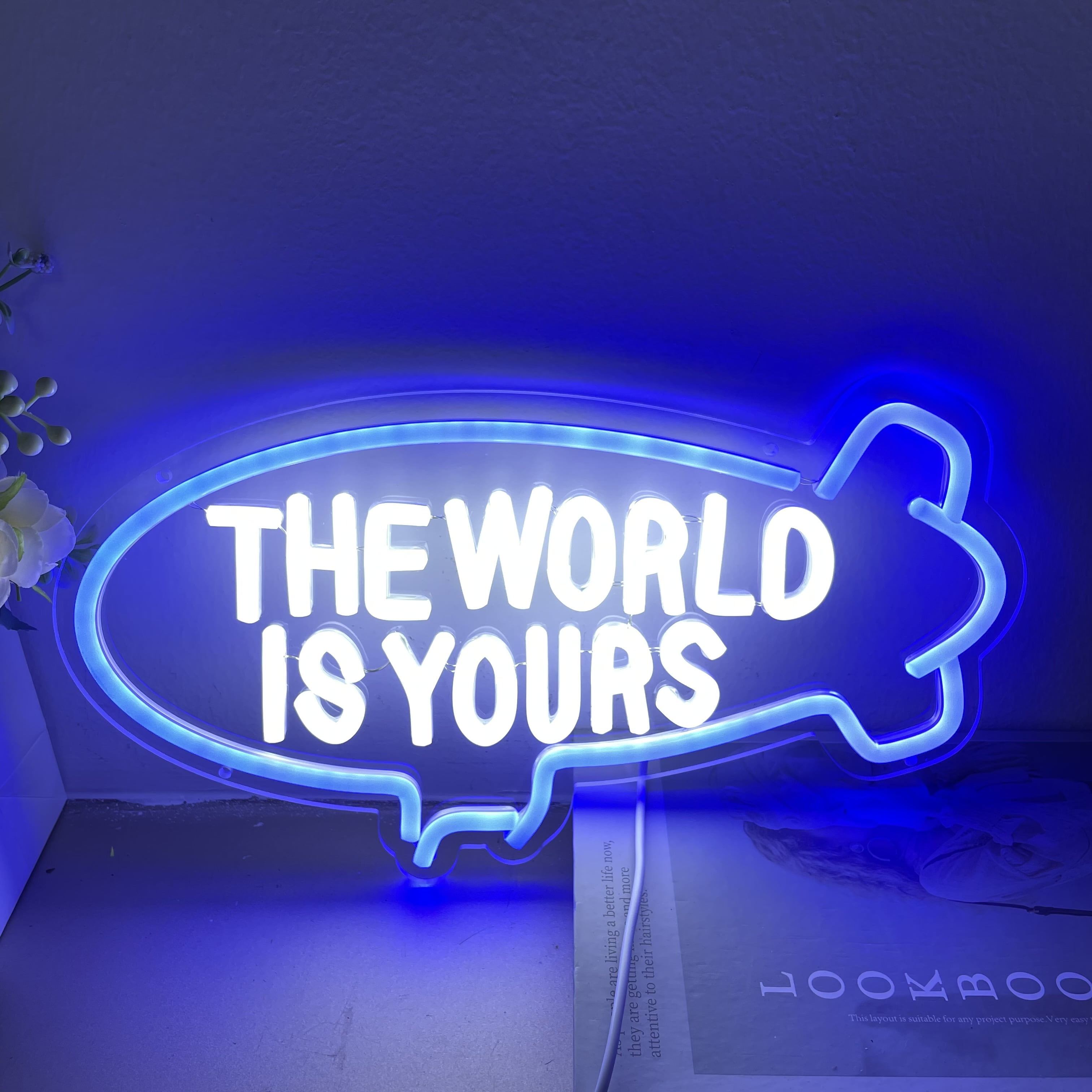 The World Is Yours Neon Sign, World Wall Decor, Personalized Gift, Globe Wall Decor(Ice Blue)