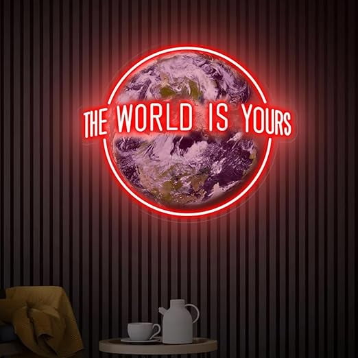 The World Is Yours Neon Sign, World UV Printed Sign, World Wall Decor, Personalized Gift, Globe Wall Decor(Red)
