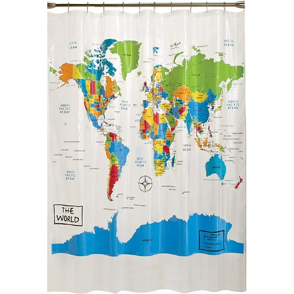 The World Map Waterproof PEVA Shower Curtain, Educational/Geography/Kids Bath, Clear/Multi