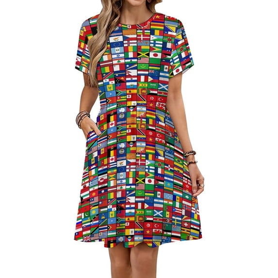 The World's Flags Dress Fashion Beach Short Sleeve Dresses Female Party Printed Sundress