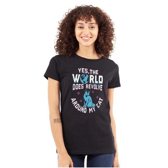 The Worlds Revolves Around my Cat Womens Fitted Plus Size Graphic Tee Brisco Brands 2X