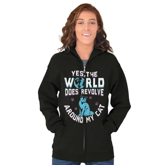 The Worlds Revolves Around my Cat Womens Plus Size Graphic Zipper Hoodie Brisco Brands 5X