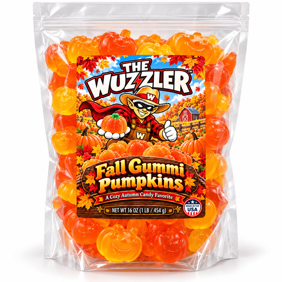 The Wuzzler Fall Gummi Pumpkins, Orange & Golden Yellow Pumpkin-Shaped Gummy Candy, 1 lb Bag by Swirlee Pop