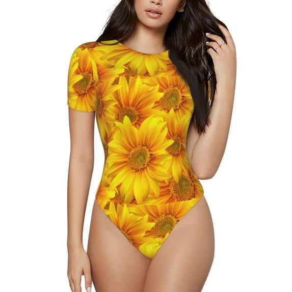 The Xecao 3D Sunflowers Women's Crew Neck Body Suit, a short-sleeved bodysuit and basic swimsuit, both comfort and style for dating and daily life
