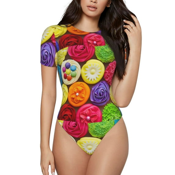 The Xecao Brightly Colored Cupcakes Women's Crew Neck Body Suit, a short-sleeved bodysuit and basic swimsuit, both comfort and style for dating and daily life