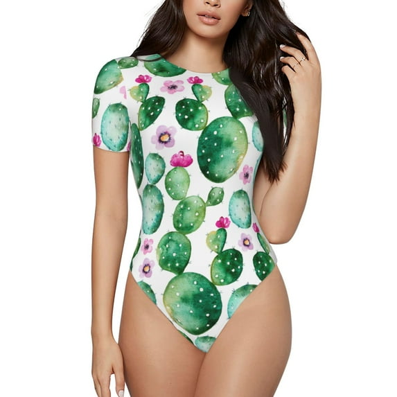 The Xecao Cactus Plants Women's Crew Neck Body Suit, a short-sleeved bodysuit and basic swimsuit, both comfort and style for dating and daily life