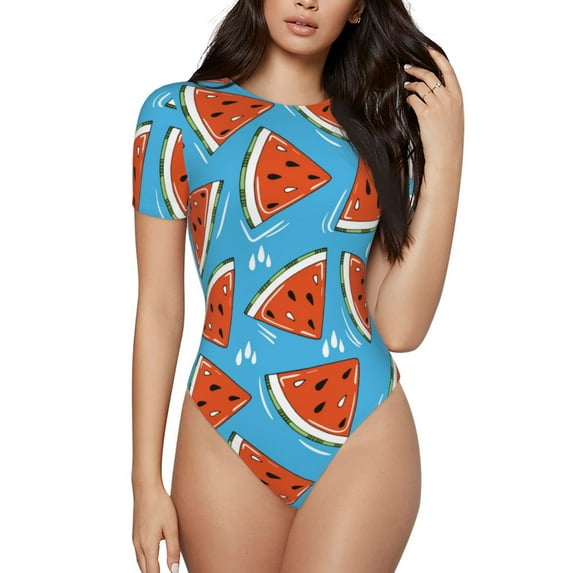 The Xecao Cartoon Watermelon Women's Crew Neck Body Suit, a short-sleeved bodysuit and basic swimsuit, both comfort and style for dating and daily life