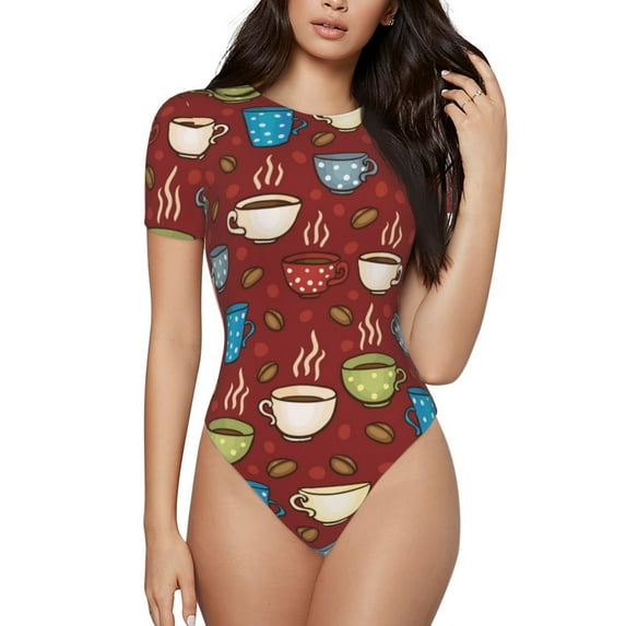 The Xecao Coffee Cups Women's Crew Neck Body Suit, a short-sleeved bodysuit and basic swimsuit, both comfort and style for dating and daily life