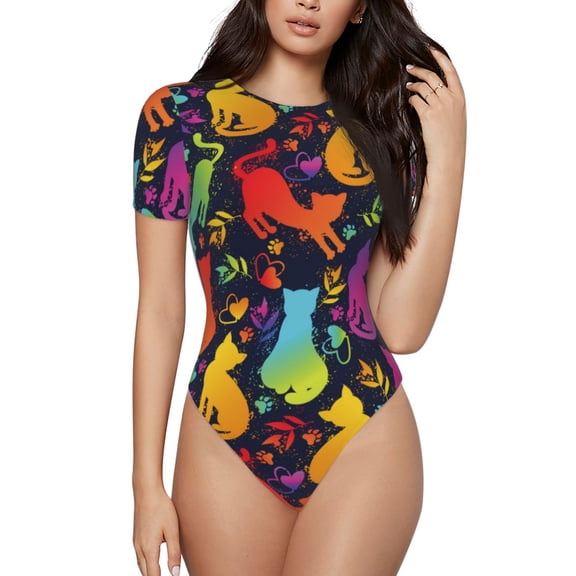 The Xecao Colorful Cats Women's Crew Neck Body Suit, a short-sleeved bodysuit and basic swimsuit, both comfort and style for dating and daily life