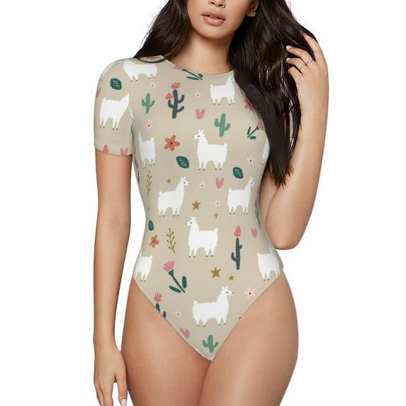 The Xecao Cute Alpaca Women's Crew Neck Body Suit, a short-sleeved bodysuit and basic swimsuit, both comfort and style for dating and daily life