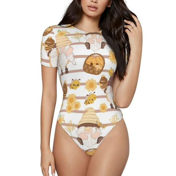 The Xecao Cute Bee Gnome2 Women's Crew Neck Body Suit, a short-sleeved bodysuit and basic swimsuit, both comfort and style for dating and daily life