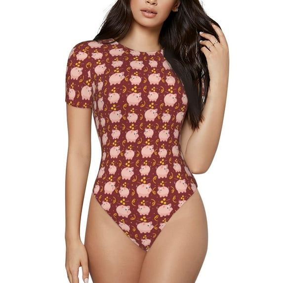 The Xecao Cute Pig with Coins Women's Crew Neck Body Suit, a short-sleeved bodysuit and basic swimsuit, both comfort and style for dating and daily life