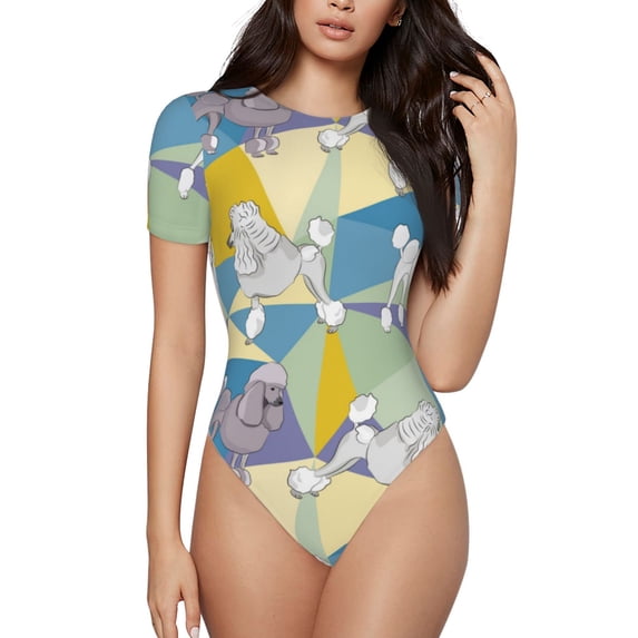 The Xecao Cute Poodle Dog Women's Crew Neck Body Suit, a short-sleeved bodysuit and basic swimsuit, both comfort and style for dating and daily life