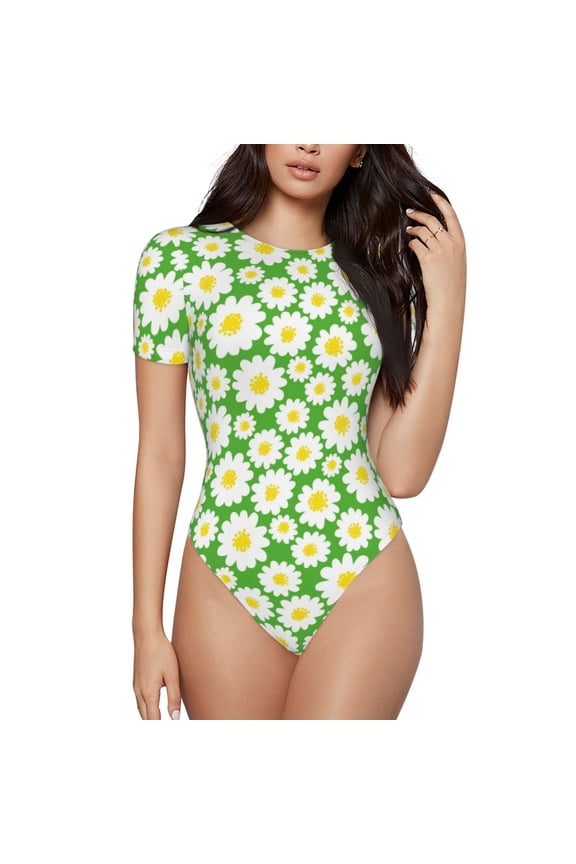 The Xecao Daisies Flowers Women's Crew Neck Body Suit, a short-sleeved bodysuit and basic swimsuit, both comfort and style for dating and daily life