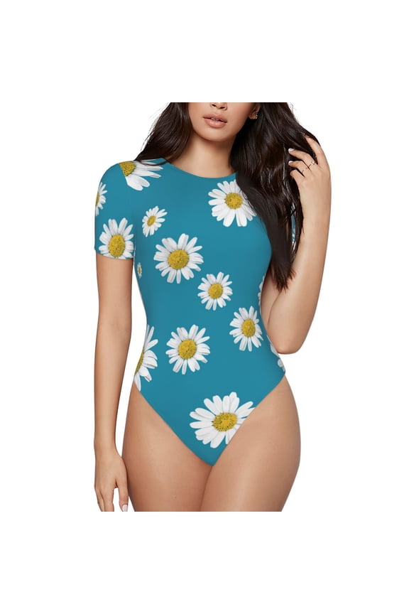 The Xecao Daisies Flowers Women's Crew Neck Body Suit, a short-sleeved bodysuit and basic swimsuit, both comfort and style for dating and daily life