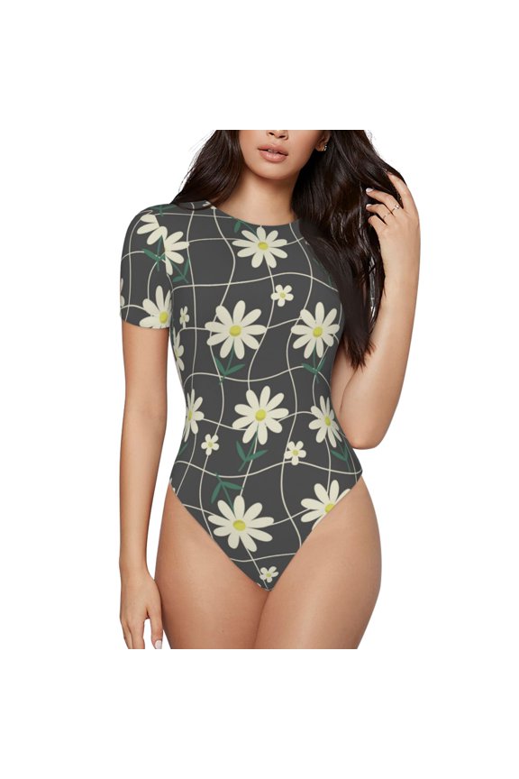 The Xecao Daisies Flowers Women's Crew Neck Body Suit, a short-sleeved bodysuit and basic swimsuit, both comfort and style for dating and daily life