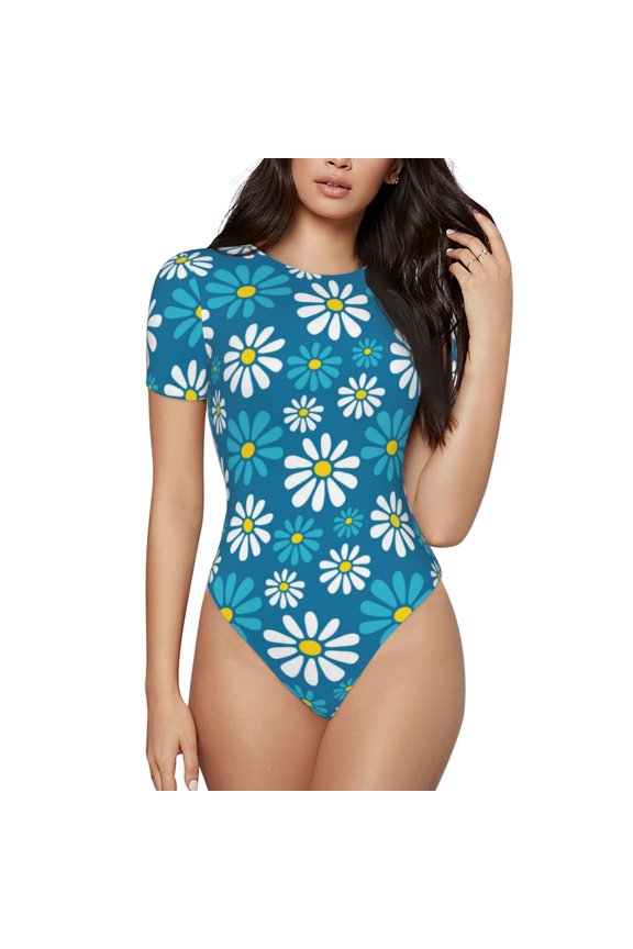 The Xecao Daisies Flowers Women's Crew Neck Body Suit, a short-sleeved bodysuit and basic swimsuit, both comfort and style for dating and daily life