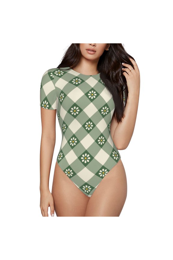 The Xecao Daisy Plaid Green Women's Crew Neck Body Suit, a short-sleeved bodysuit and basic swimsuit, both comfort and style for dating and daily life
