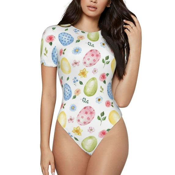 The Xecao Easter Egg3 Women's Crew Neck Body Suit, a short-sleeved bodysuit and basic swimsuit, both comfort and style for dating and daily life