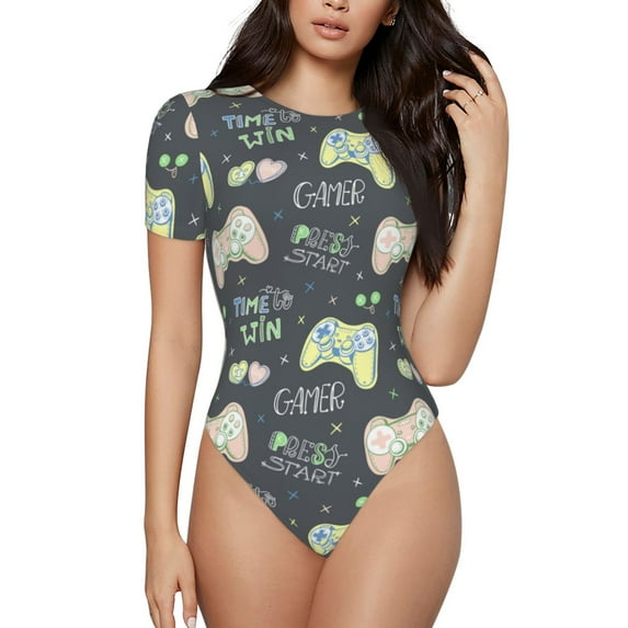 The Xecao Gamers Women's Crew Neck Body Suit, a short-sleeved bodysuit and basic swimsuit, both comfort and style for dating and daily life