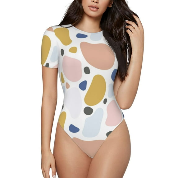 The Xecao Geometric Spots Women's Crew Neck Body Suit, a short-sleeved bodysuit and basic swimsuit, both comfort and style for dating and daily life