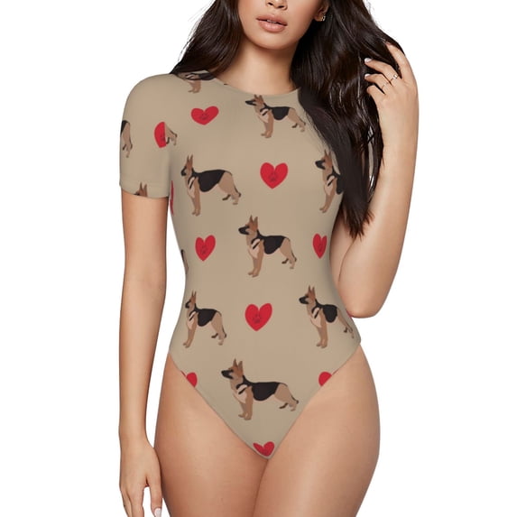 The Xecao German Shepherd Dog Women's Crew Neck Body Suit, a short-sleeved bodysuit and basic swimsuit, both comfort and style for dating and daily life