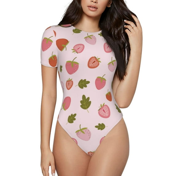 The Xecao Hand Drawn Strawberry Women's Crew Neck Body Suit, a short-sleeved bodysuit and basic swimsuit, both comfort and style for dating and daily life