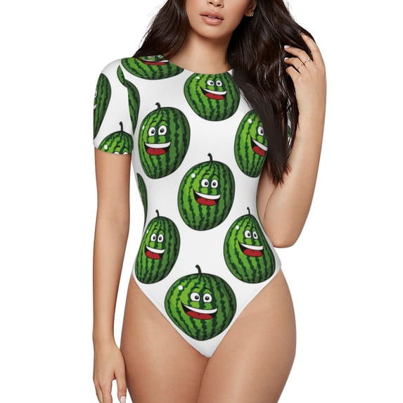 The Xecao Happy Watermelon Women's Crew Neck Body Suit, a short-sleeved bodysuit and basic swimsuit, both comfort and style for dating and daily life