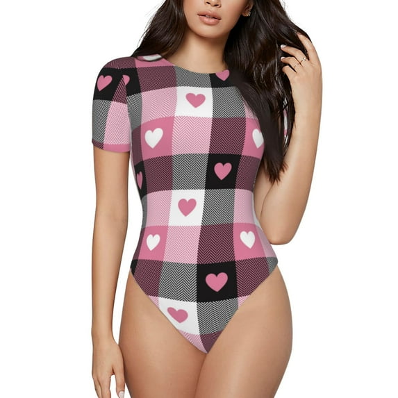 The Xecao Heart Plaid Women's Crew Neck Body Suit, a short-sleeved bodysuit and basic swimsuit, both comfort and style for dating and daily life