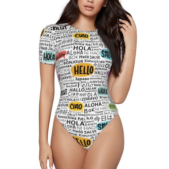 The Xecao Hello Women's Crew Neck Body Suit, a short-sleeved bodysuit and basic swimsuit, both comfort and style for dating and daily life
