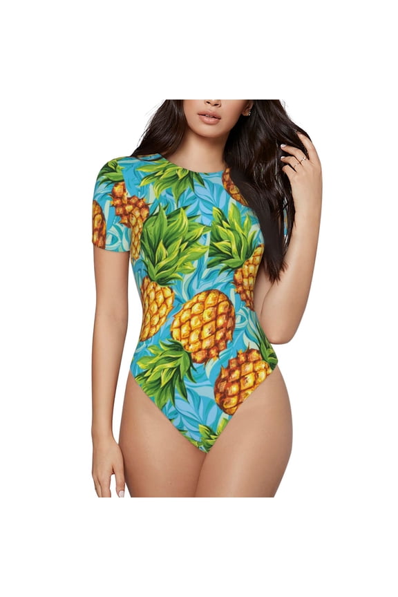 The Xecao Pineapple Women's Crew Neck Body Suit, a short-sleeved bodysuit and basic swimsuit, both comfort and style for dating and daily life