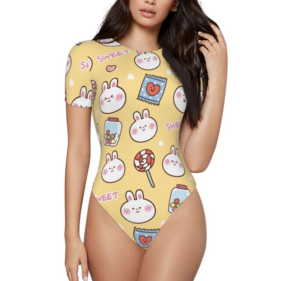 The Xecao Rabbit And Candy Women's Crew Neck Body Suit, a short-sleeved bodysuit and basic swimsuit, both comfort and style for dating and daily life