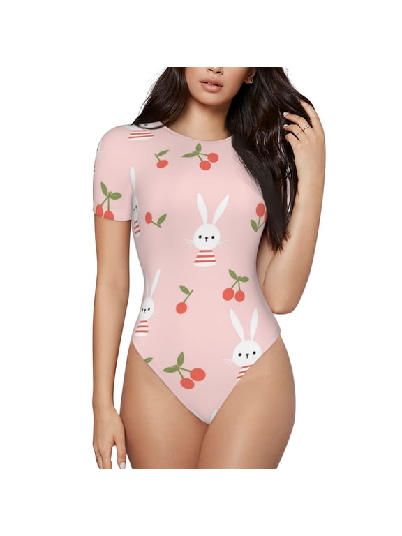 The Xecao Rabbit And Cherry Women's Crew Neck Body Suit, a short-sleeved bodysuit and basic swimsuit, both comfort and style for dating and daily life