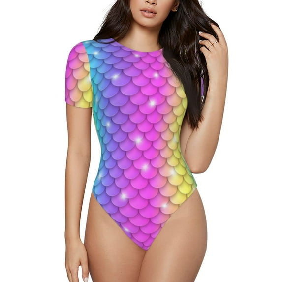 The Xecao Rainbow Scales2 Women's Crew Neck Body Suit, a short-sleeved bodysuit and basic swimsuit, both comfort and style for dating and daily life