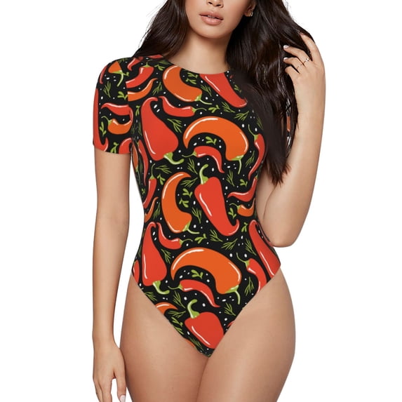 The Xecao Red Hot Chili Women's Crew Neck Body Suit, a short-sleeved bodysuit and basic swimsuit, both comfort and style for dating and daily life
