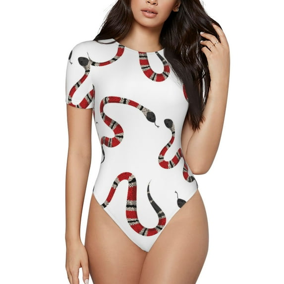 The Xecao Red Snake Women's Crew Neck Body Suit, a short-sleeved bodysuit and basic swimsuit, both comfort and style for dating and daily life