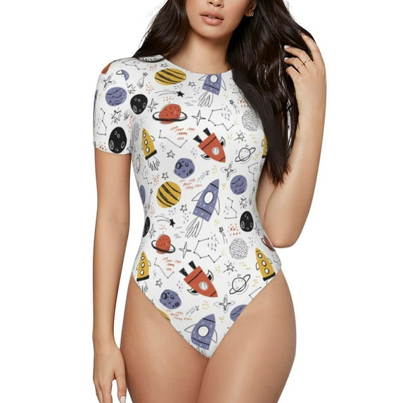 The Xecao Rocket Planets Women's Crew Neck Body Suit, a short-sleeved bodysuit and basic swimsuit, both comfort and style for dating and daily life