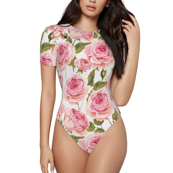 The Xecao Rose Flowers Women's Crew Neck Body Suit, a short-sleeved bodysuit and basic swimsuit, both comfort and style for dating and daily life