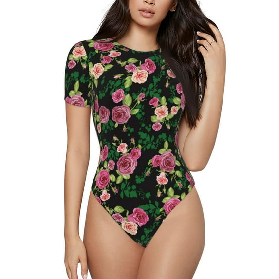 The Xecao Rose Flowers Women's Crew Neck Body Suit, a short-sleeved bodysuit and basic swimsuit, both comfort and style for dating and daily life