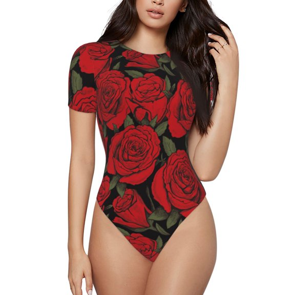 The Xecao Rose Flowers Women's Crew Neck Body Suit, a short-sleeved bodysuit and basic swimsuit, both comfort and style for dating and daily life