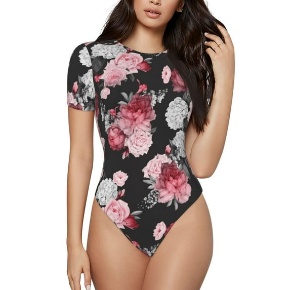 The Xecao Rose Flowers Women's Crew Neck Body Suit, a short-sleeved bodysuit and basic swimsuit, both comfort and style for dating and daily life