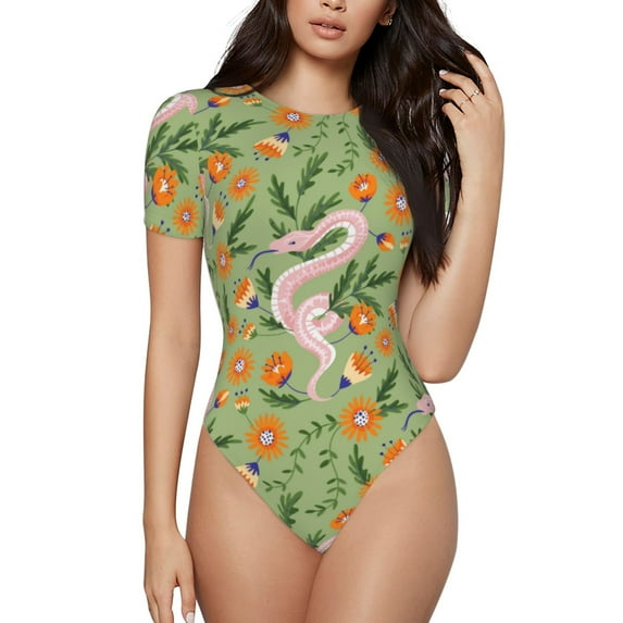 The Xecao Snake And Floral Women's Crew Neck Body Suit, a short-sleeved bodysuit and basic swimsuit, both comfort and style for dating and daily life