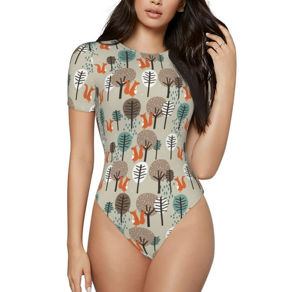 The Xecao Squirrels and Trees Women's Crew Neck Body Suit, a short-sleeved bodysuit and basic swimsuit, both comfort and style for dating and daily life